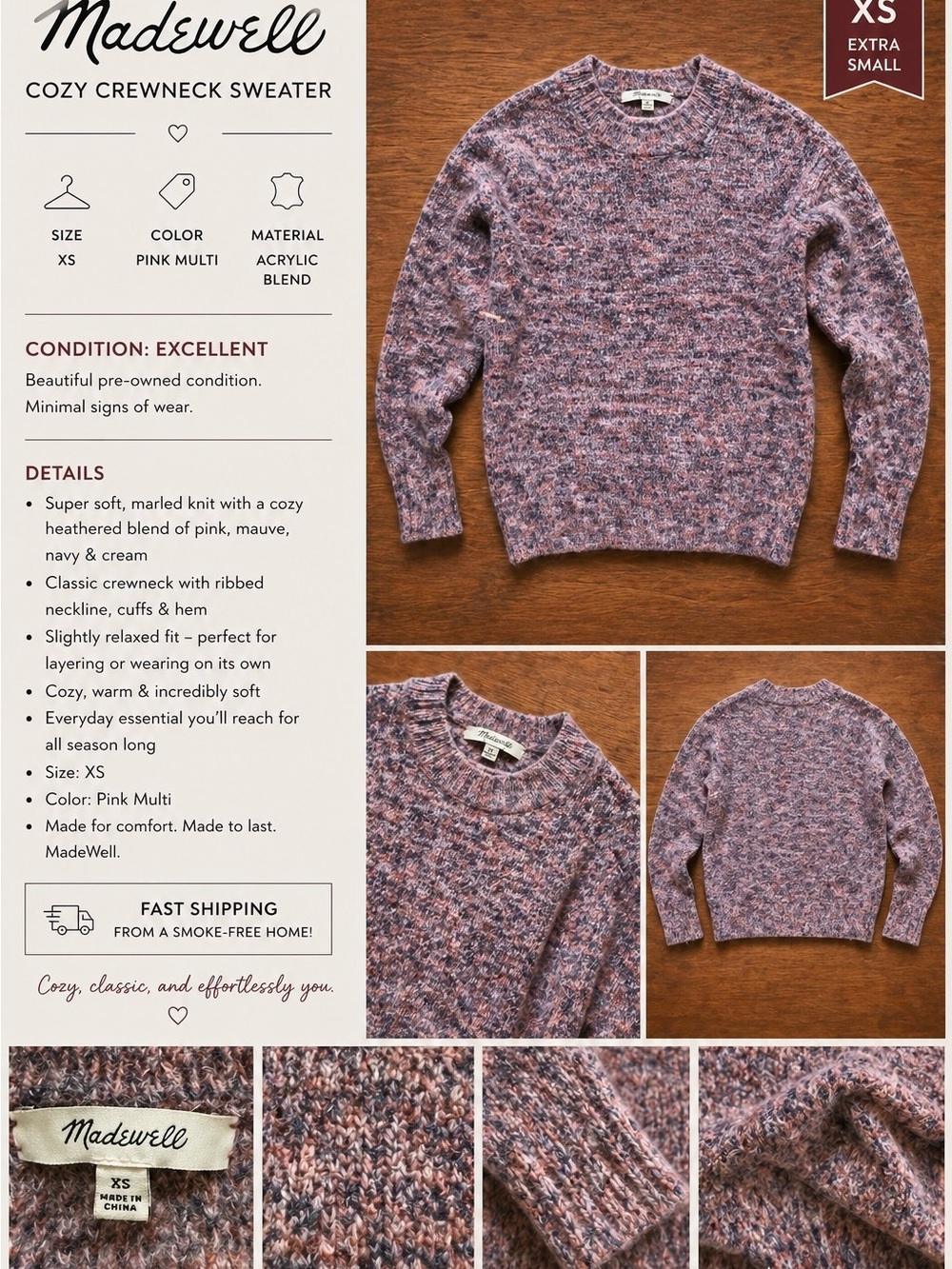 Madewell Pink Multi Heathered Crewneck Sweater